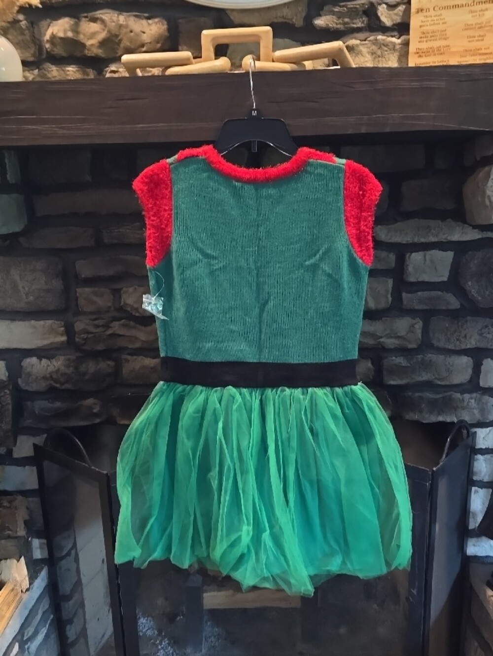 Holiday Elf Dress with Green Tulle Skirt and Red Accents - Picture 2 of 4